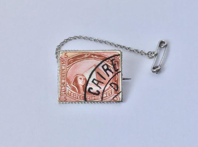 1920's Egyptian.800 silver enamelled stamp brooch